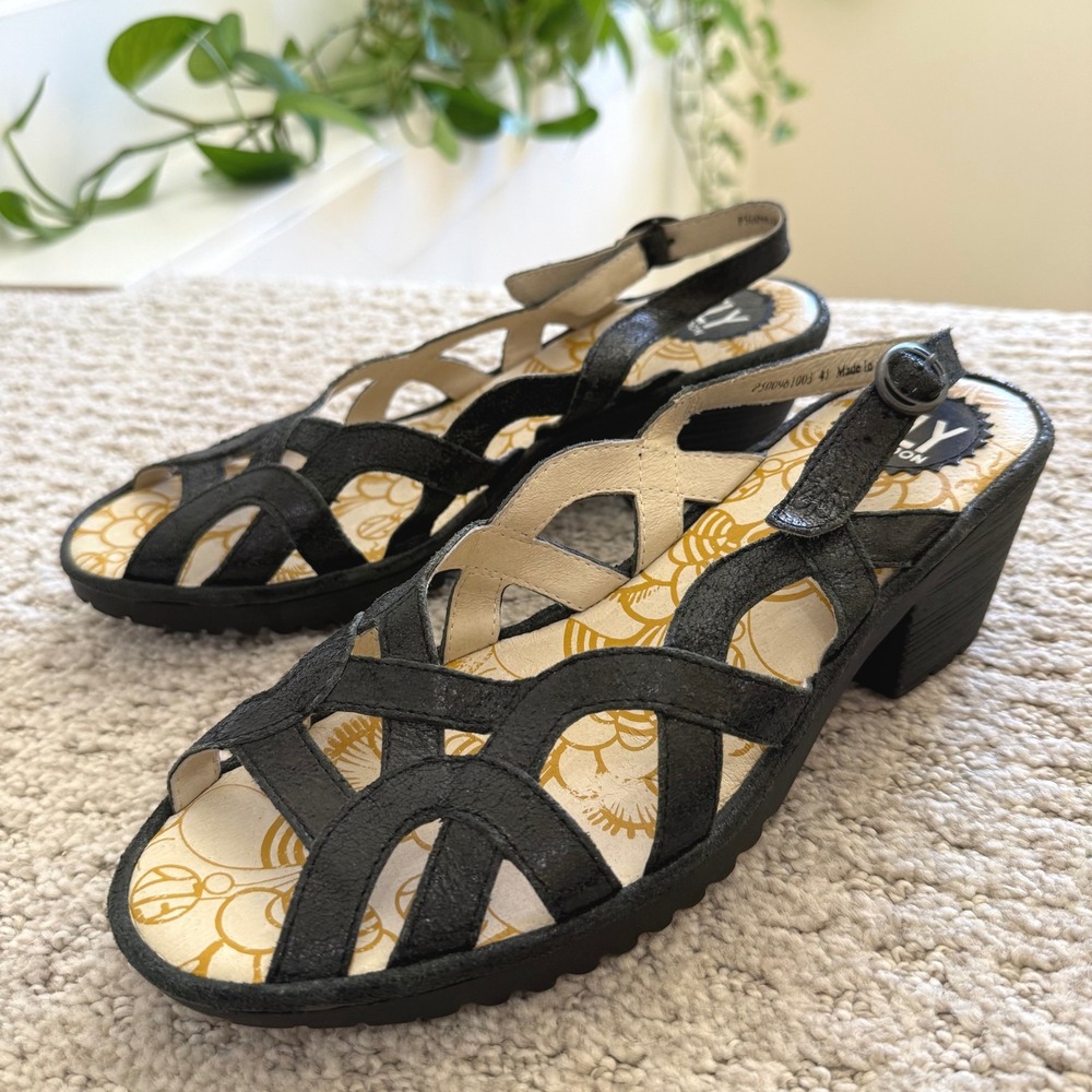 Fly London LUXOR SANDALS WOMEN Black Leather Block Heel‎ Buckle Strap 41 10-10.5